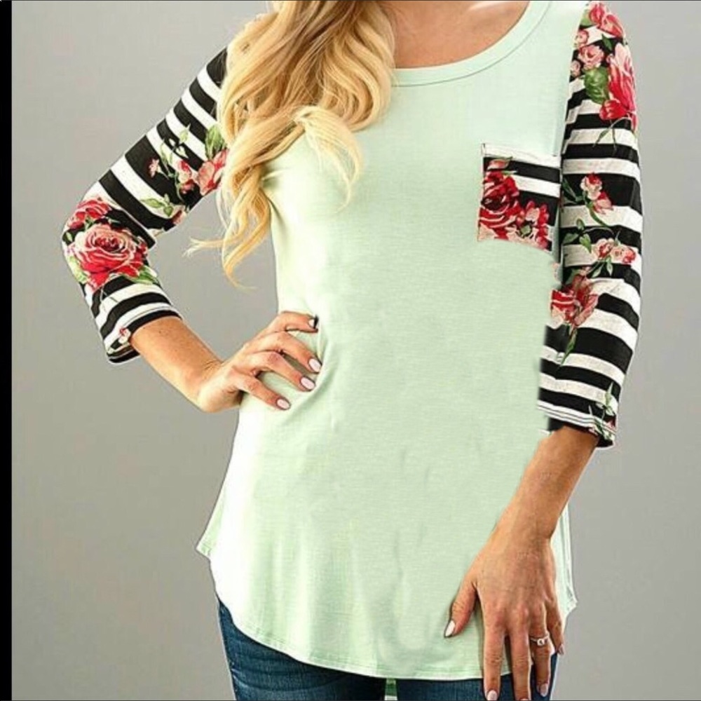 Floral and Stripe Mint Green Top